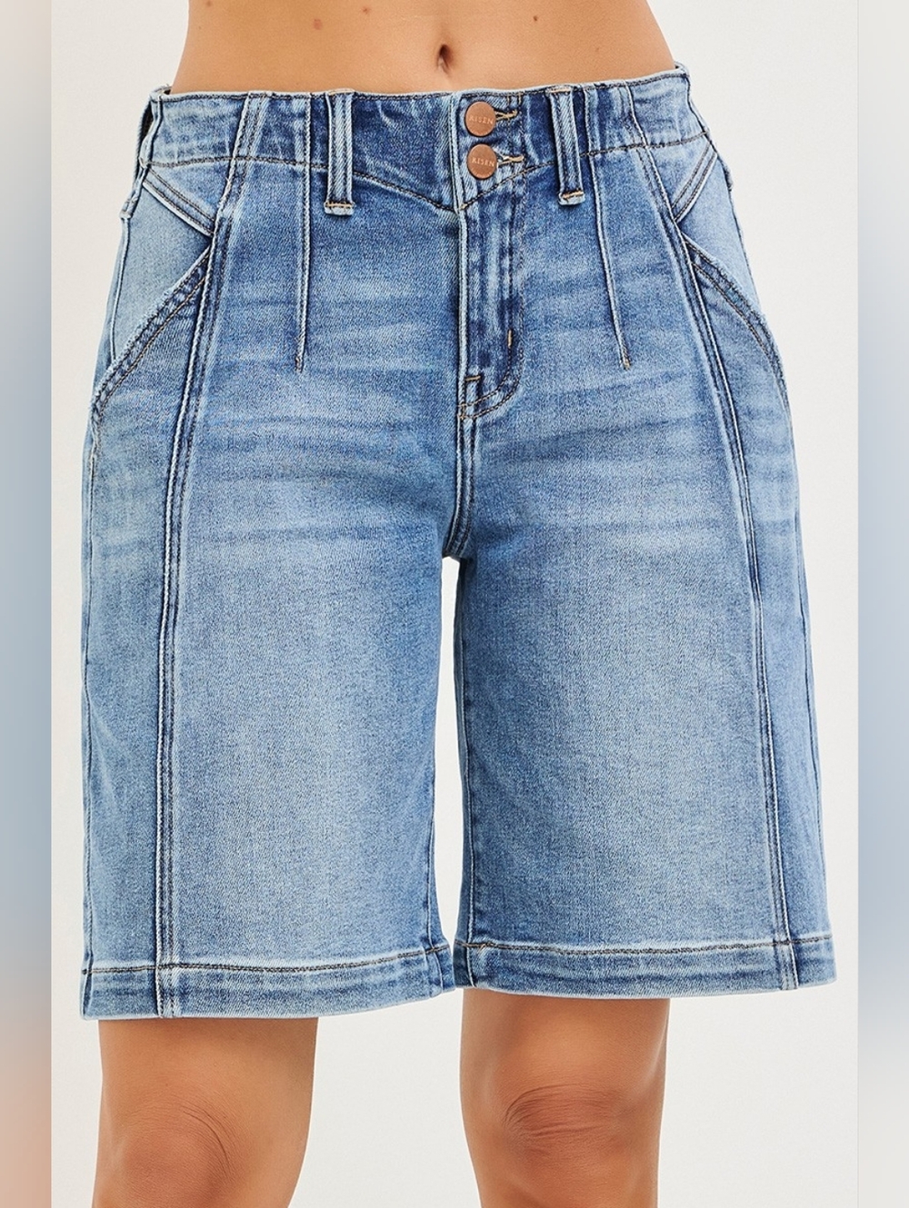 RISEN HR Med Wash Slouchy Jorts Midi Shorts Seam Detail Two Button Various NEW - Picture 3 of 7
